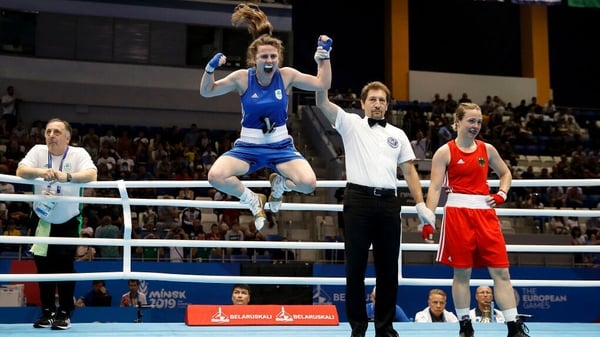 Michaela Walsh celebrates her win over reigning world champion Ornella Wahner