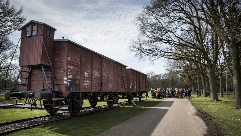 Two original railway boxcars at the WWII Westerbork transit camp in the memorial center in Hooghalen, the Netherlands