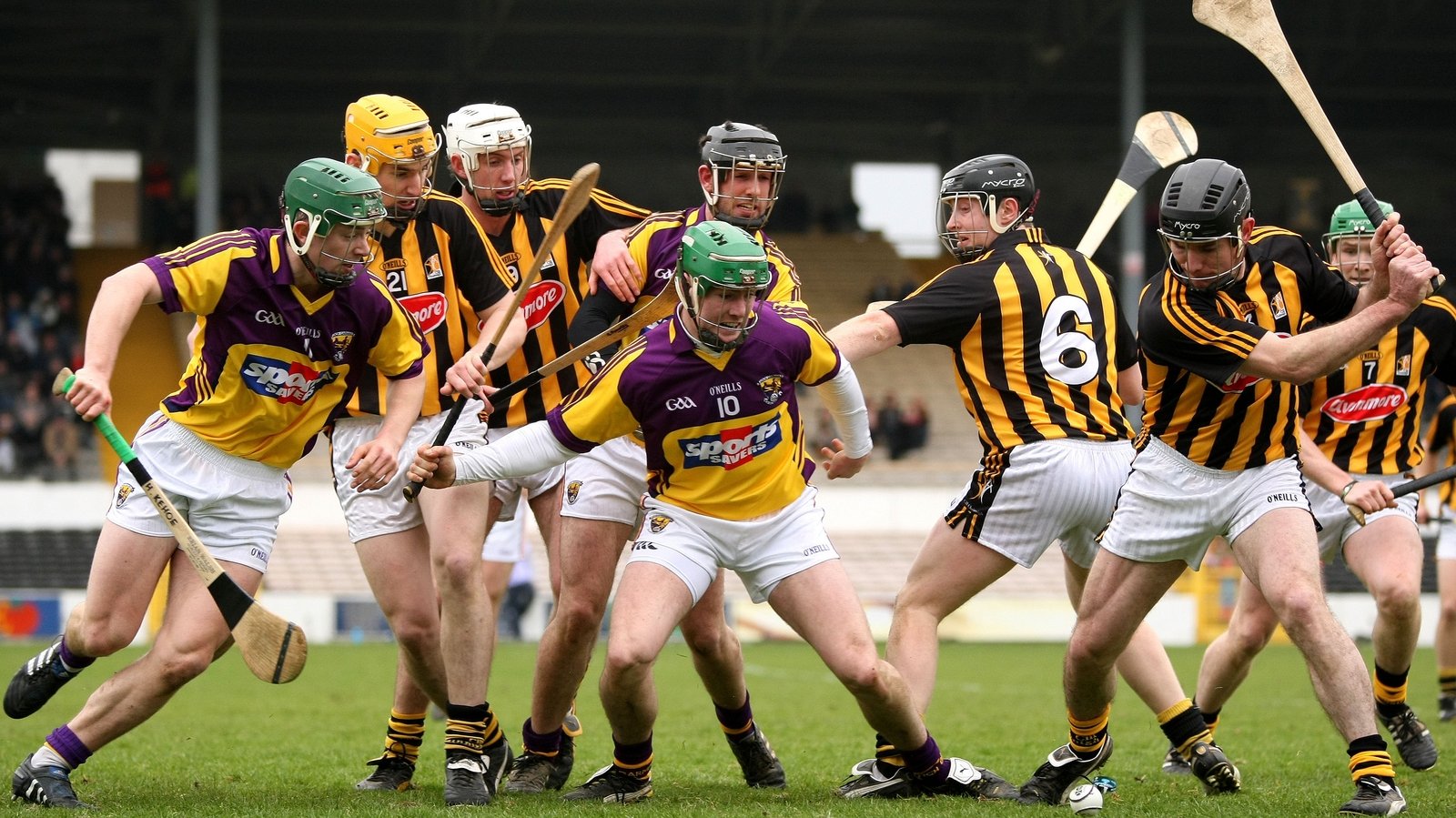 Noel Hickey (R) prepares to make a clearance against Wexford in 2011
