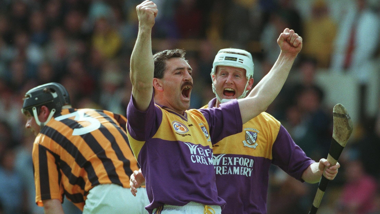 Billy Byrne (L) and Tom Dempsey celebrate Wexford's winning goal in 1997