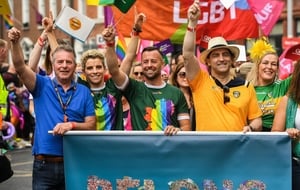 Inter county GAA referee David Gough, his dad Eugene (L), former Ladies Football All-Star Valerie Mulcahy, singer-songwriter and author Brian Kennedy, and comedian Katherine Lynch among the GAA group