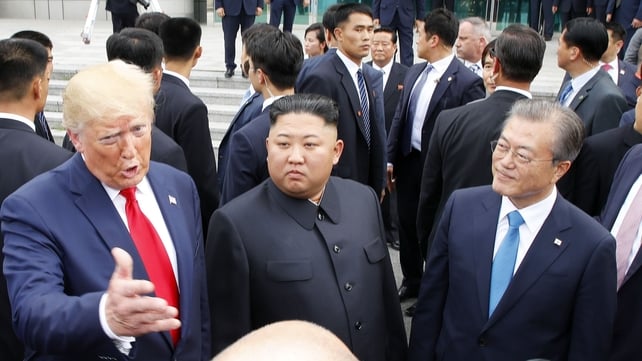 South Korean President Moon Jae-in alongside Donald Trump and Kim Jong-un in the Demilitarised Zone
