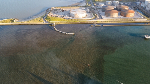Drone footage appears to show discolouration of the water at the Ringsend Wastewater Treatment Plant (Pic: Dublin City Shots)