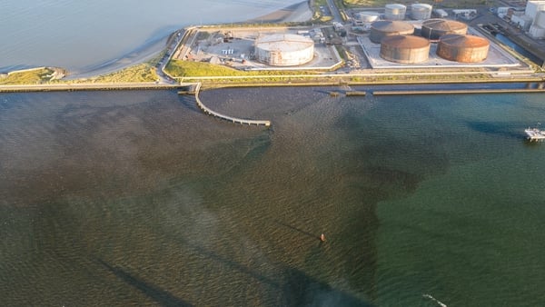 Drone footage appears to show discolouration of the water at the Ringsend Wastewater Treatment Plant (Pic: Dublin City Shots)