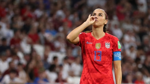 Alex Morgan with her 'cup of tea' celebration when she scored against England in the World Cup