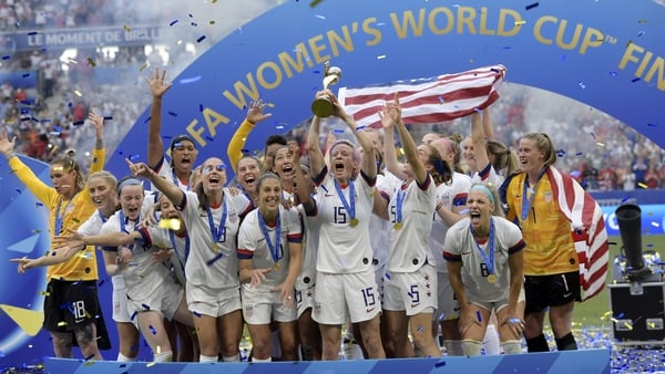 The US Women's soccer team celebrate their World Cup win in 2019