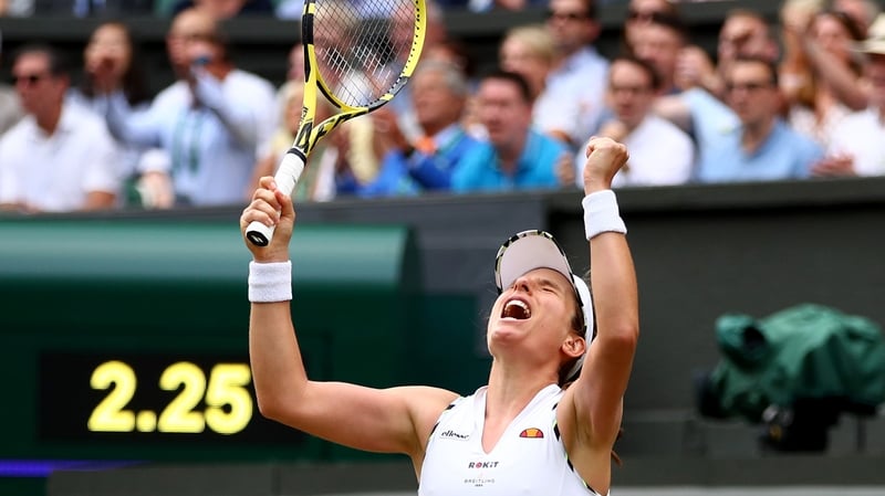 Johanna Konta celebrates after defeating Petra Kvitova