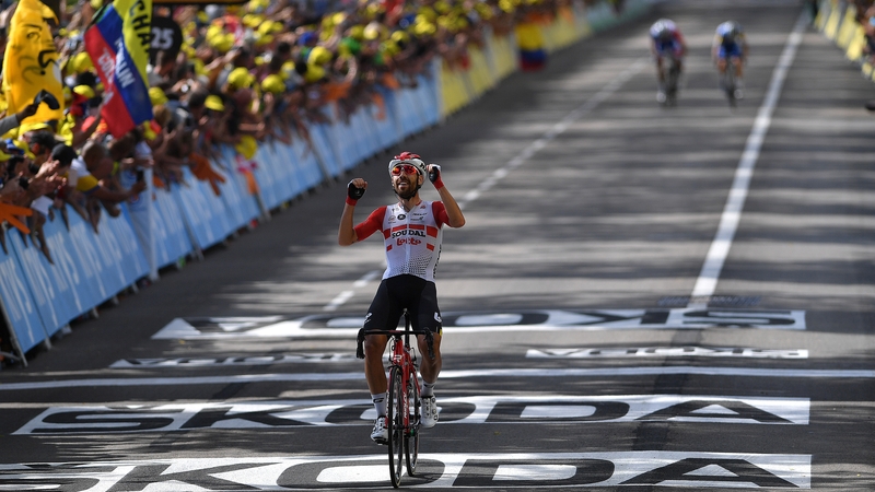 Thomas De Gendt of Belgium and Team Lotto Soudal celebrates his stage win