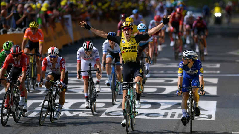 The Belgian Wout Van Aert celebrates a maiden Tour de France stage victory