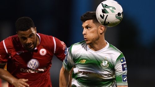 Graham Cummins (R) came off the bench for Shamrock Rovers in their 2-2 draw with SK Brann