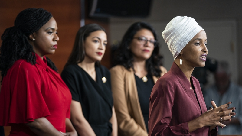 (L-R) Congresswomen Ayanna Pressley, Alexandria Ocasio-Cortez, Rashida Tlaib, and Ilhan Omar