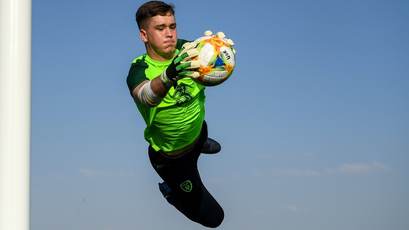 St Pat's goalkeeper Brian Maher makes a spectacular save during Republic of Ireland Under-19 training