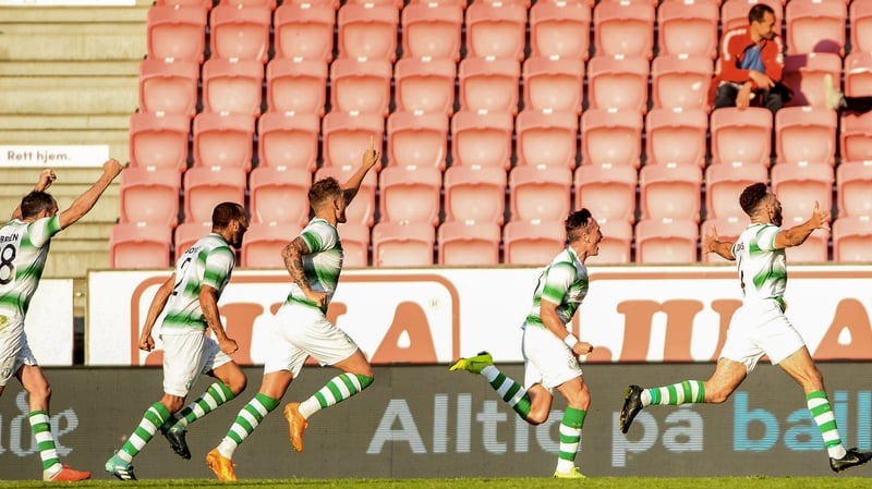 Roberto Lopes of Shamrock Rovers celebrates scoring his sides second goal at Brann