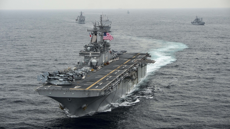 The amphibious assault ship USS Boxer patrolling in the Strait of Hormuz near Iran