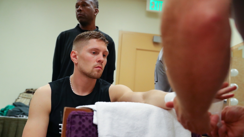 Jason Quigley gets his hands wrapped prior to the fight