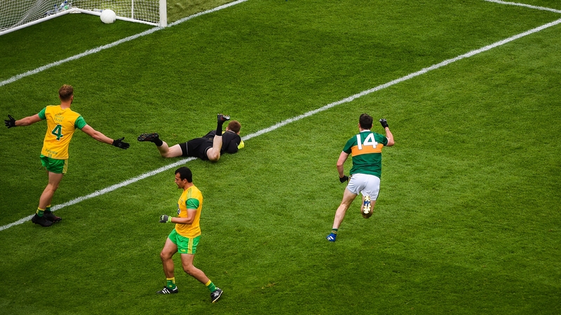 Kerry's Paul Geaney fires to the back of the Donegal net in Croke Park