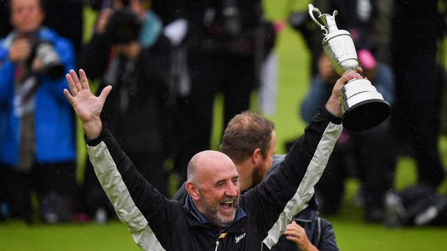 Brendan Lowry, father of Shane Lowry of Ireland, celebrates with the Claret Jug