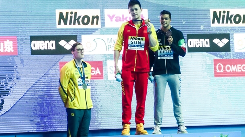Mack Horton (L) refused to share the podium with Sun Yang (C) last month