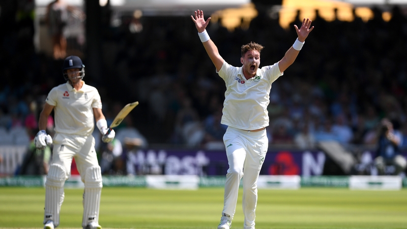 Ireland's Mark Adair successfully appeals for the wicket of Joe Denly