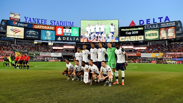 Liverpool line up for a team photo ahead of the game at the iconic New York venue