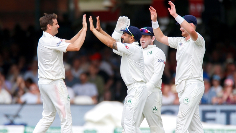 Irish players celebrate taking the wicket of Jack Leach