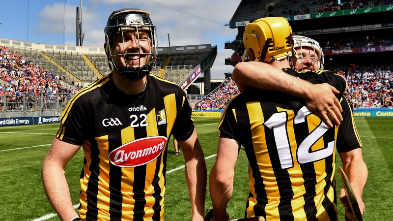 Walter Walsh of Kilkenny and team-mates Padraig Walsh and Richie Leahy after the win over Cork