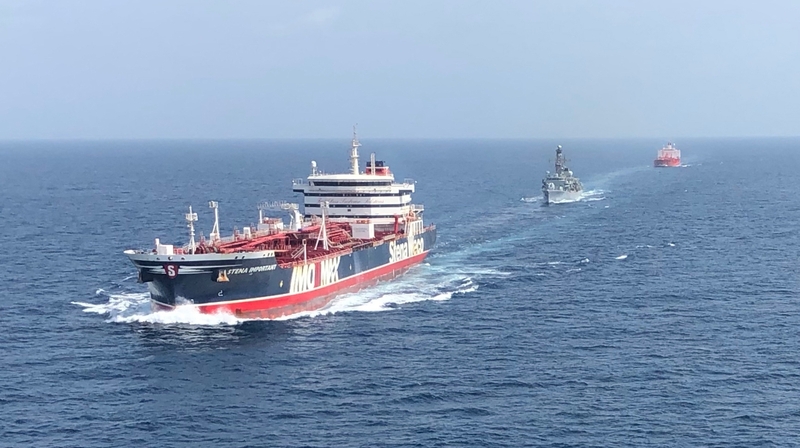 The Stena Important being accompanied by the British Navy through the Strait of Hormuz on 25 July