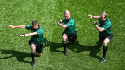 Referee Sean Cleere warms-up with linesmen, Colm Lyons, left, and Johnny Murphy, ahead of the All-Ireland semi final between Wexford and Tipperary at Croke Park. Photo: Daire Brennan/Sportsfile via Getty Images