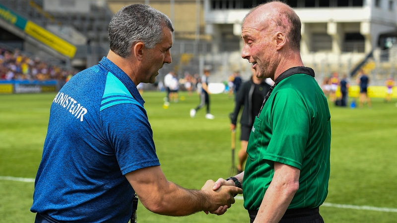 Tipp manager Liam Sheedy shakes hands with referee Seán Cleere