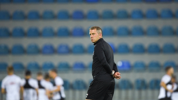 Dundalk head coach Vinny Perth assesses training at Dalga Arena in Baku, Azerbaijan