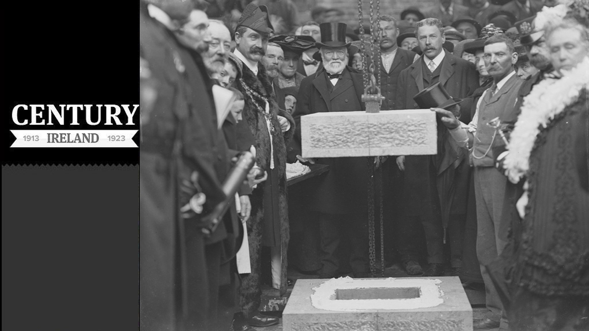 Century Ireland Issue 158 - Andrew Carnegie pictured with assembled dignitaries for the laying of the foundation stone of Waterford Free Library at Lady Lane on 19 October 1903
Photo: National Library of Ireland, P_WP_1313