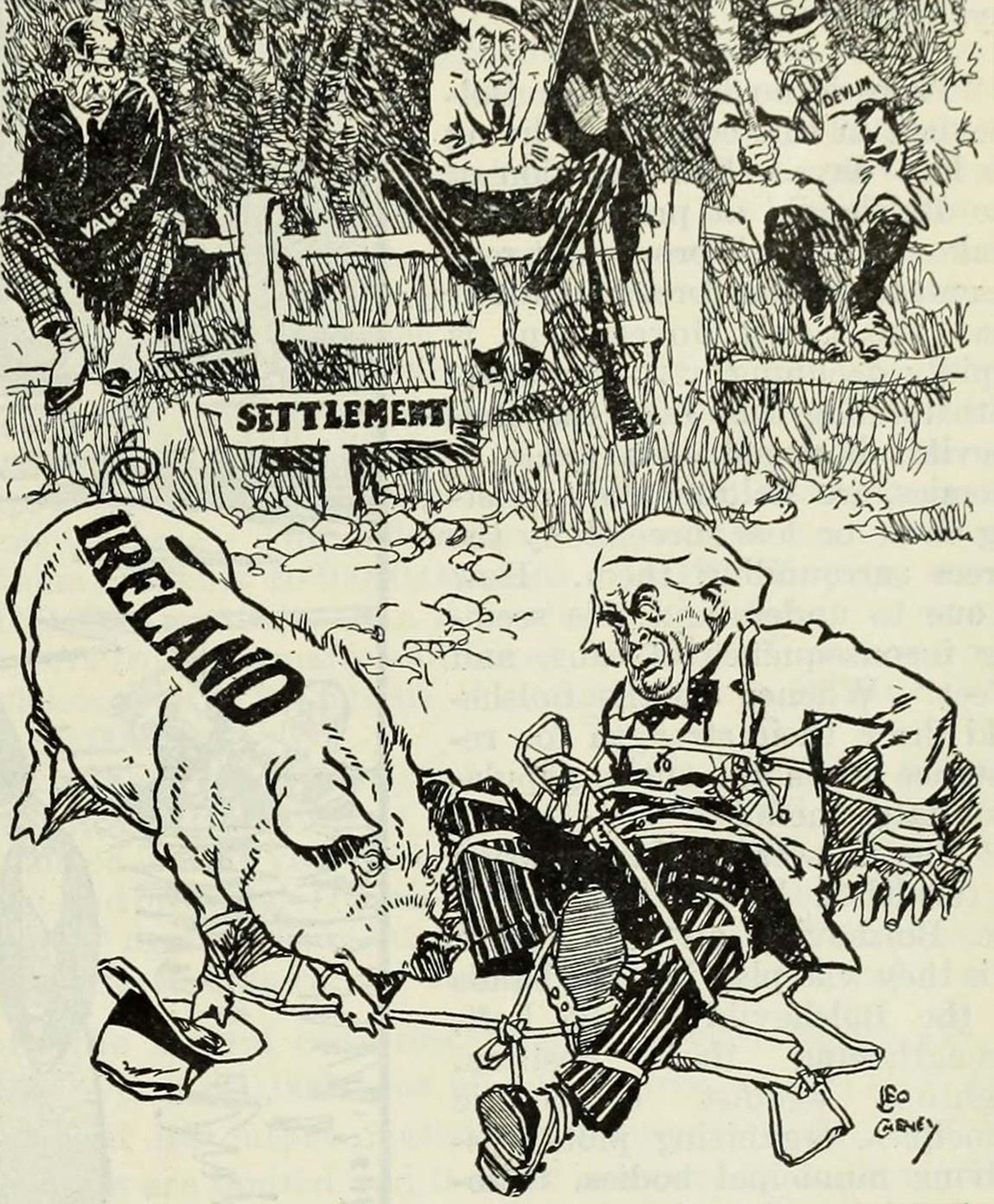 Cartoon showing Lloyd George being tangled up by the Irish question, with Éamon de Valera, Edward Carson and Joseph Devlin looking on. Photo: Literary Digest, 10 August 1919