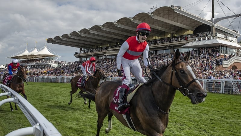 Deirdre, ridden by Oisin Murphy comes in to win the Qatar Nassau Stakes