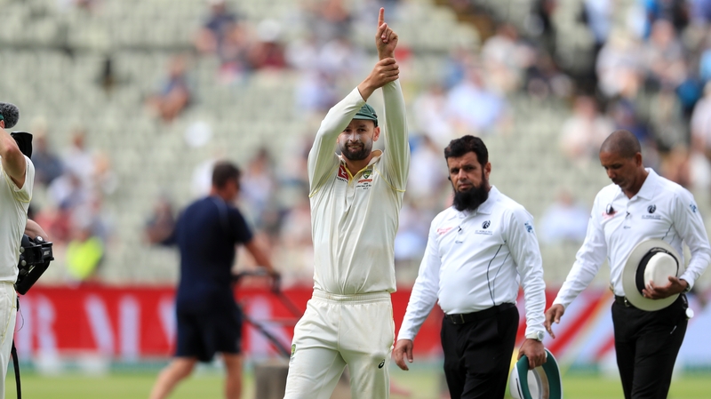 Australia's Nathan Lyon celebrates at the end of the first Test
