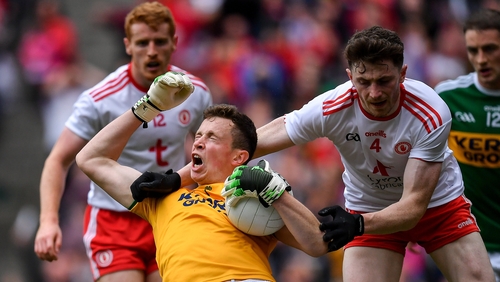 Kerry's goalkeeper Shane Ryan under pressure against Tyrone