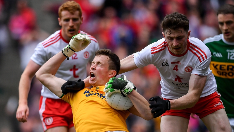 Kerry's goalkeeper Shane Ryan under pressure against Tyrone