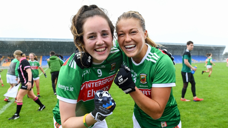 Mayo players Emma Needham and Sarah Rowe celebrate their quarter-final victory