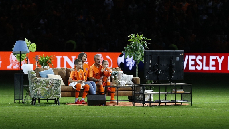 Sneijder's 134th and last appearance for Netherlands last year was preceded by him and his family watching a highlights reel on a couch on the pitch