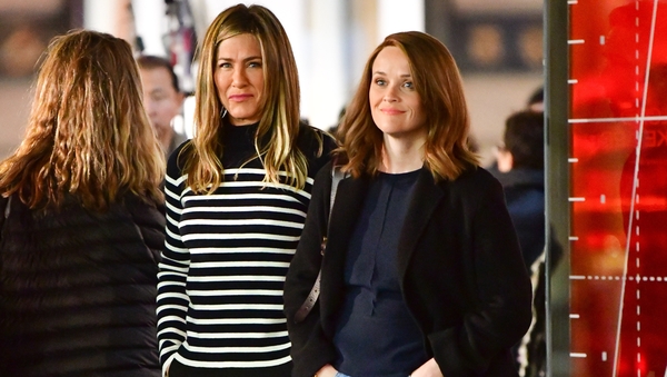 Jennifer Aniston and Reese Witherspoon on the set of The Morning Show