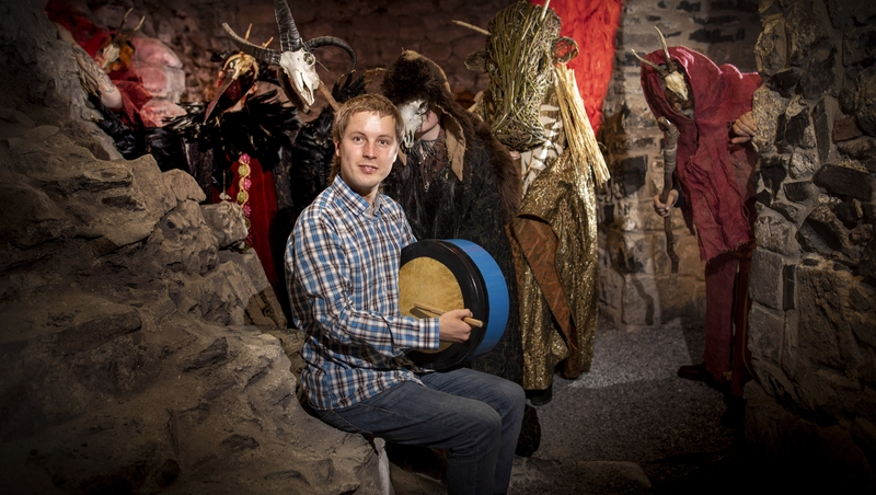 Bodhran player Kevin Meehan (centre) and assorted spooky creatures at the launch of Púca