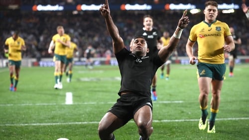 Sevu Reece celebrates running in his second half try