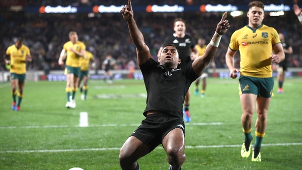 Sevu Reece celebrates running in his second half try
