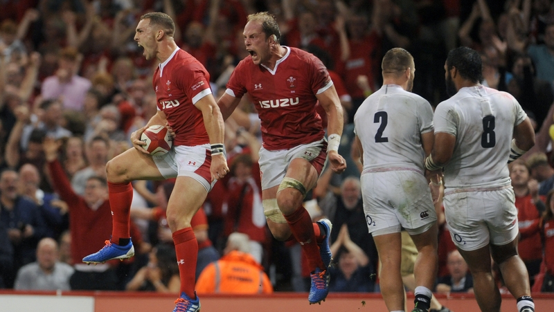 George North celebrates the only try of the game in Cardiff