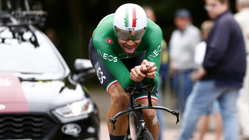 The Italian was the fastest over the 8.4km course, averaging 54.3kmh to beat compatriot Edoardo Affini by five seconds