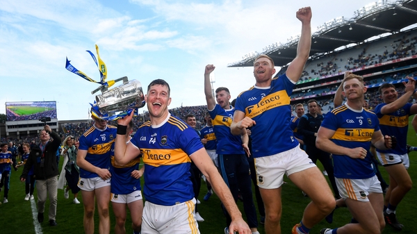 Tipperary players celebrate post-match at Croke Park