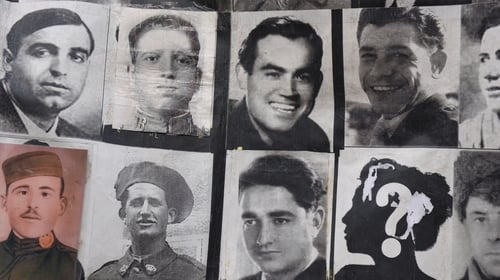 Banner with pictures of people who went missing during the Franco dictatorship unveiled during a 2019 Madrid protest coinciding with the 83rd anniversary of the start of the Spanish Civil War.