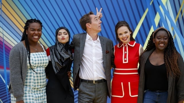 Demi Isaac Oviawe of Young Offenders, Minahil Sarfraz (The Teenage Ambassadors), Ryan Tubridy, Eileen O'Higgins (Dead Still) and Natasha Maimba (The Teenage Ambassadors)