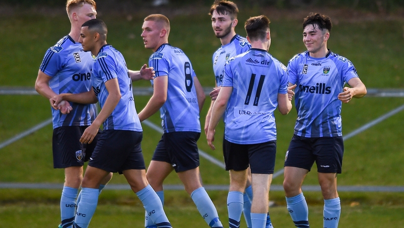 Liam Kerrigan of UCD, far right celebrates his goal