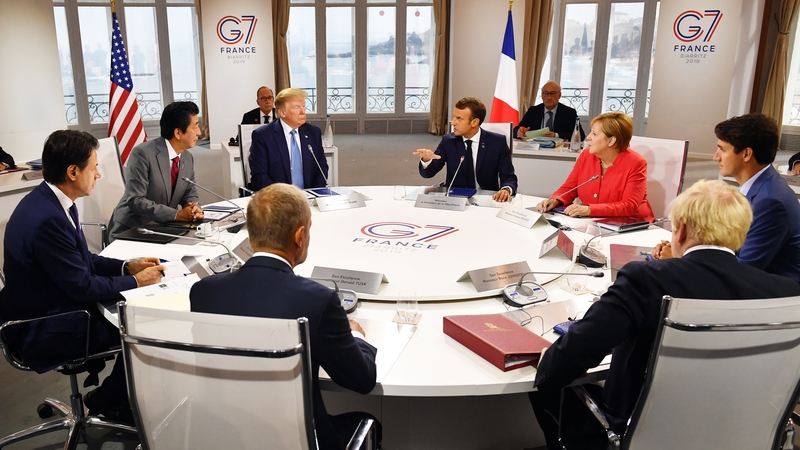 Justin Trudeau, Boris Johnson, Angela Merkel, Donald Tusk, Emmanuel Macron, Giuseppe Conte, Shinzo Abe and Donald Trump at a G7 working session on 'International Economy and Trade, and International Security Agenda'