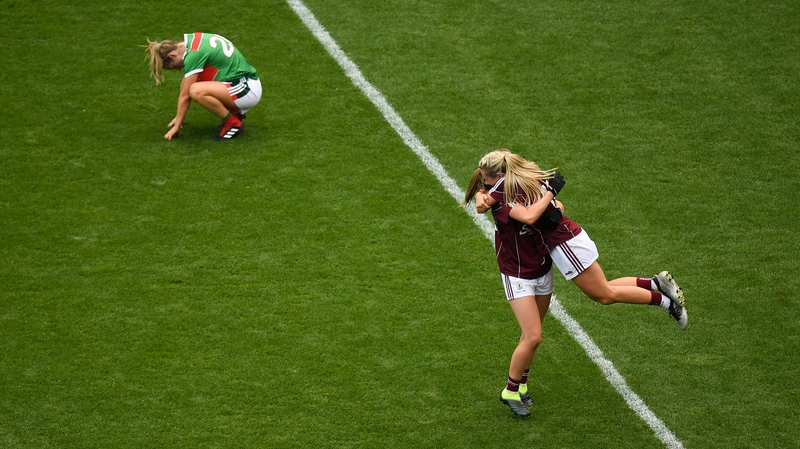 Galway players celebrate a dramatic victory over Mayo.